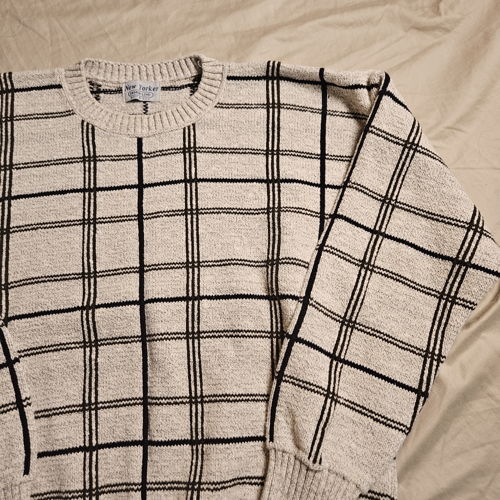 Vintage 90s Grandpa Sweater New Yorker Mens L Cotton Blend Knit Grid Plaid USA‎